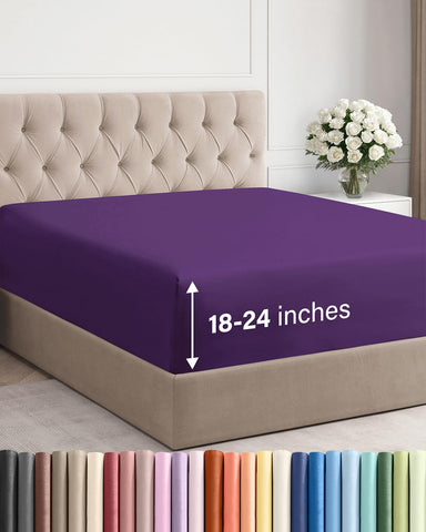 CGK Unlimited extra deep king fitted sheet on bed shows purple color, secure fit.