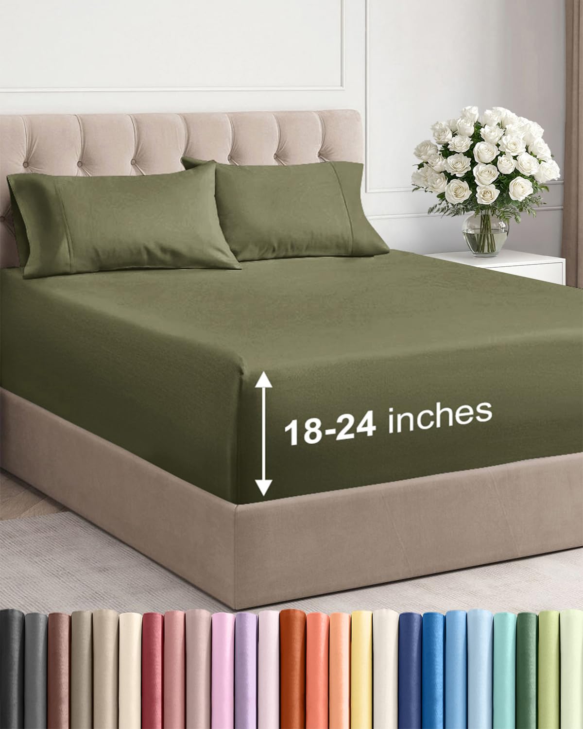 CGK Unlimited extra deep king flat sheet in sage green showing 111 by 102 inch coverage for deep mattresses