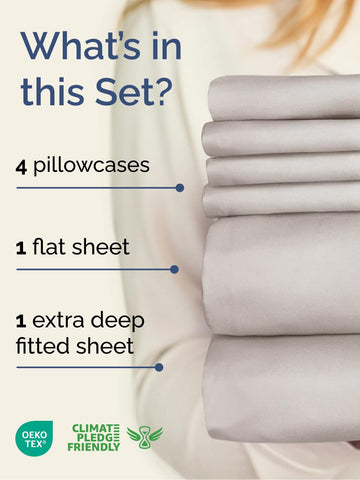 CGK Unlimited extra deep king flat sheet spread across bed showing 111x102 dimensions.