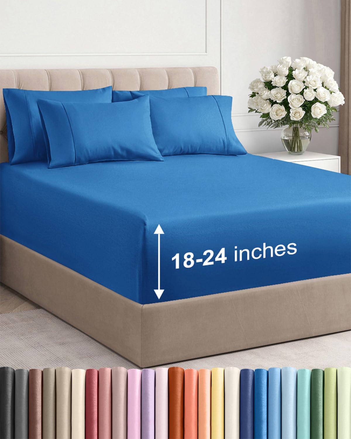 CGK Unlimited extra-deep king flat sheet in royal blue for tall mattresses with breathable comfort.