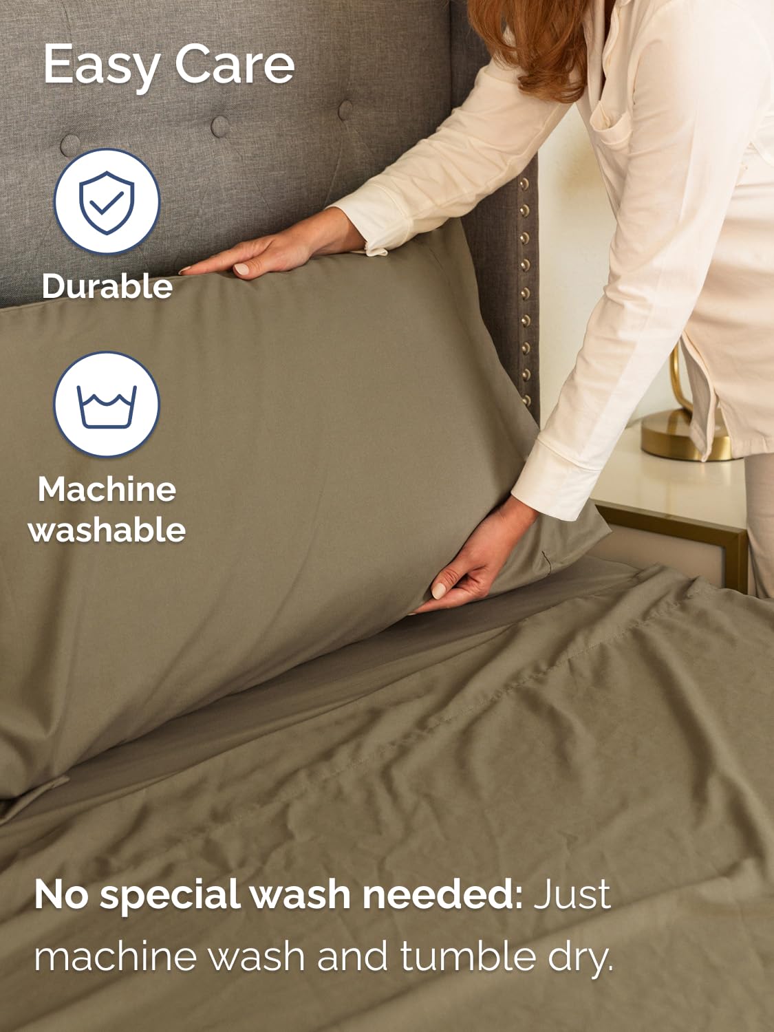 CGK Unlimited khaki bedding presents a neutral, hotel-inspired look for any bedroom.