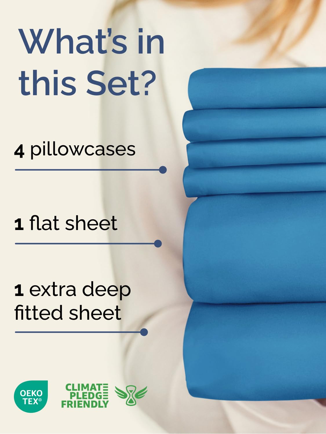 CGK Unlimited denim blue fitted sheet showing extra-deep pocket fit for tall mattresses