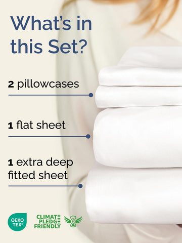 CGK Unlimited Extra Deep King flat sheet shows spacious 111x102 size for generous drape