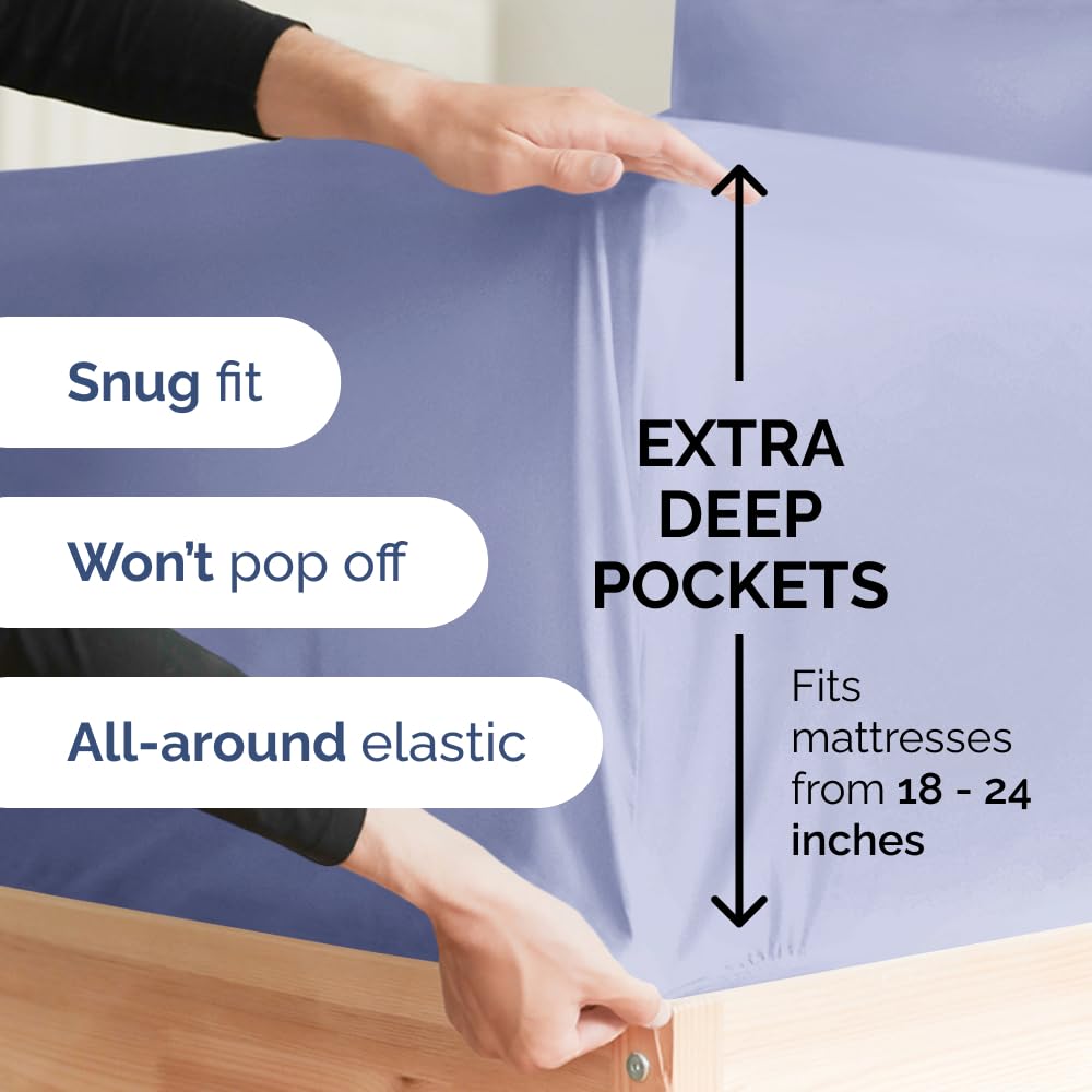 CGK Unlimited Extra Deep King Sheet Set lavender fitted sheets hugging a tall mattress securely