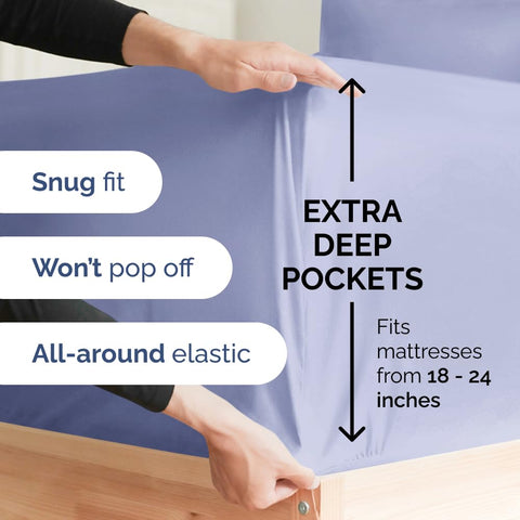 CGK Unlimited Extra Deep King Sheet Set lavender fitted sheets hugging a tall mattress securely