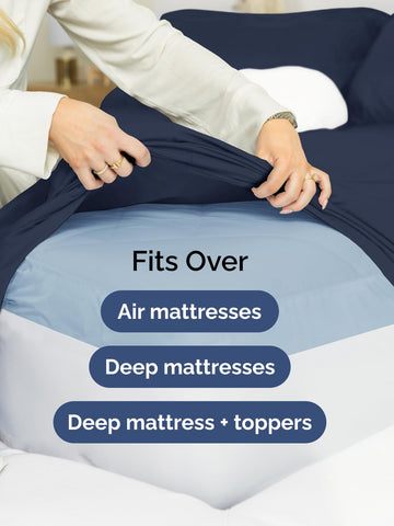 CGK Unlimited navy sheet close-up highlights smooth texture and wrinkle resistance.