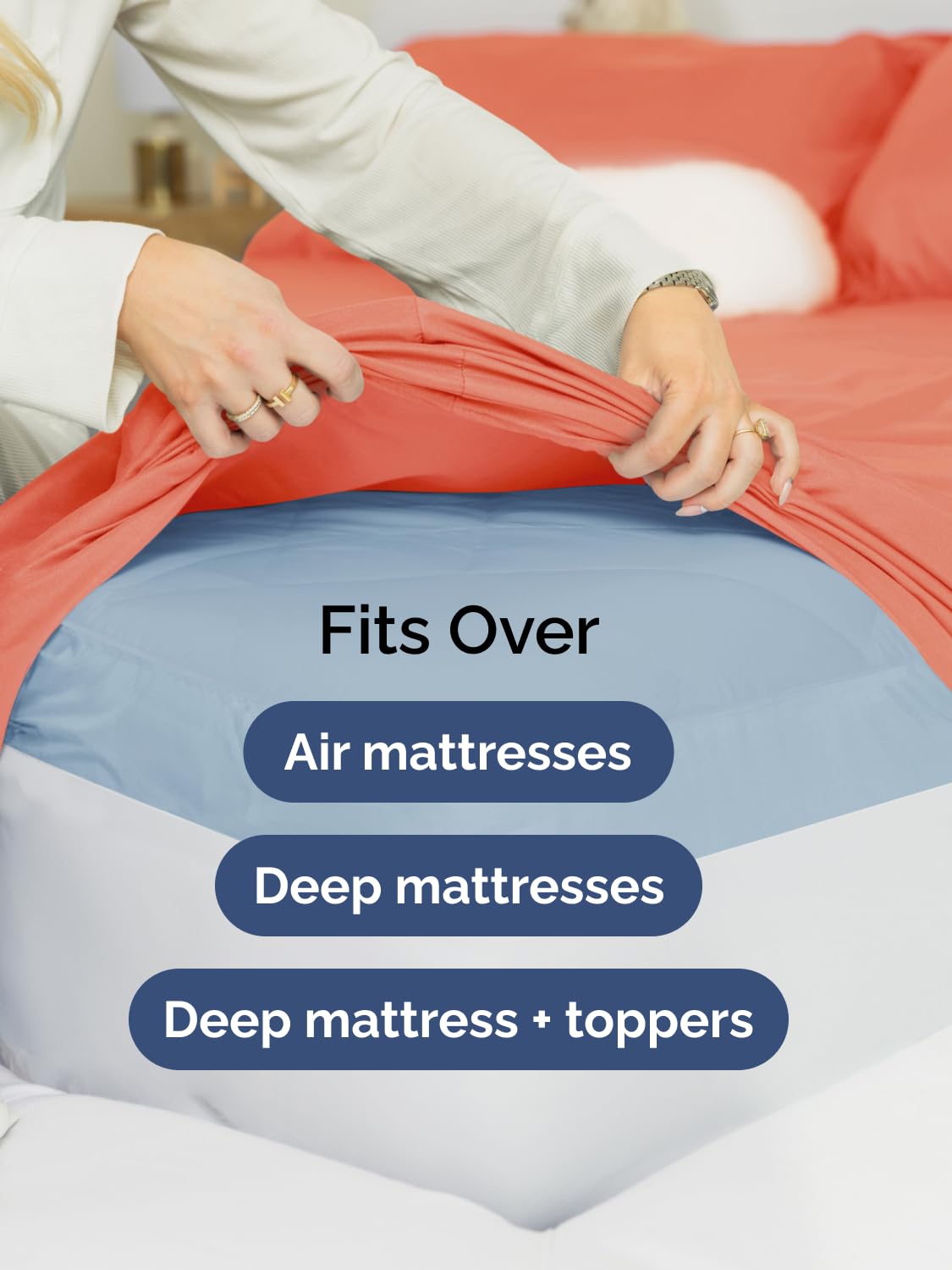 The sheets stay tight on deep toppers and tall beds.
