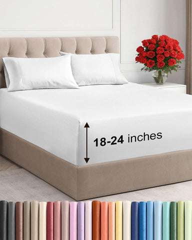 CGK Unlimited extra-deep queen fitted sheet with a secure 21-inch pocket on a thick mattress.