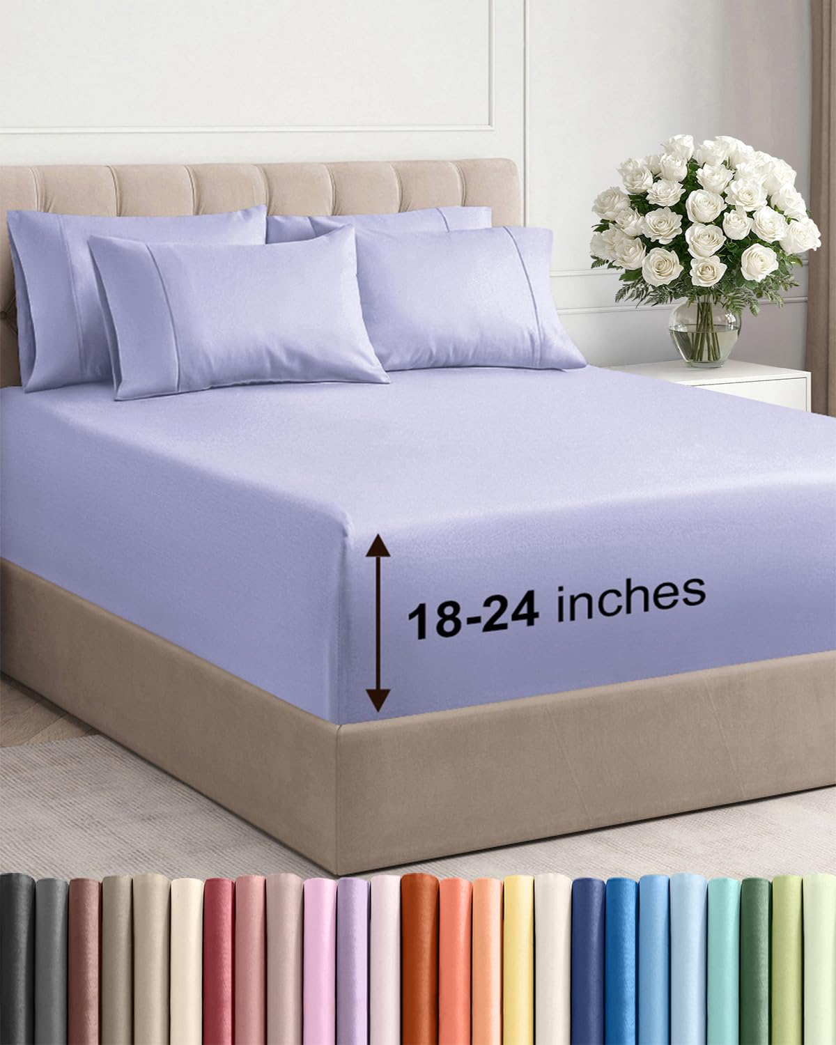 CGK Unlimited extra-deep queen flat sheet in lavender provides breathable comfort for deep mattresses.