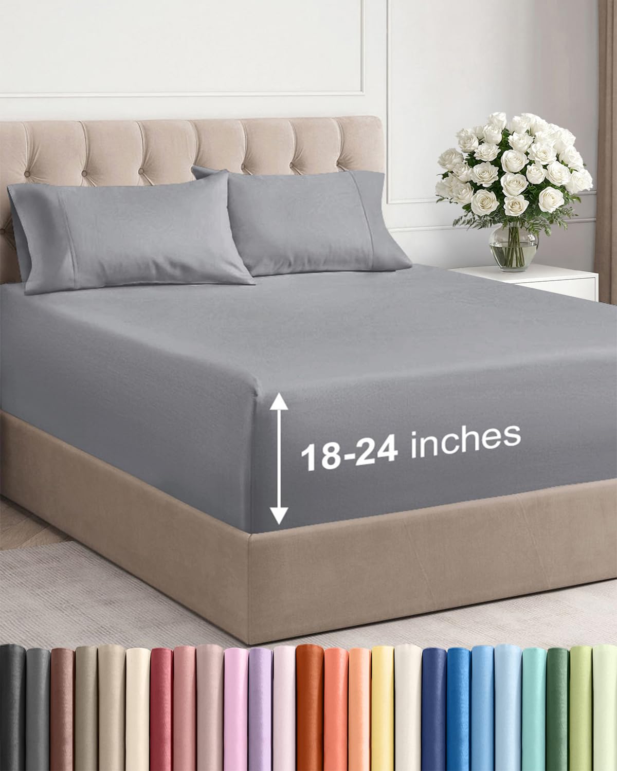 CGK Unlimited Extra Deep Queen flat sheet in steel blue showing breathable, soft fabric.