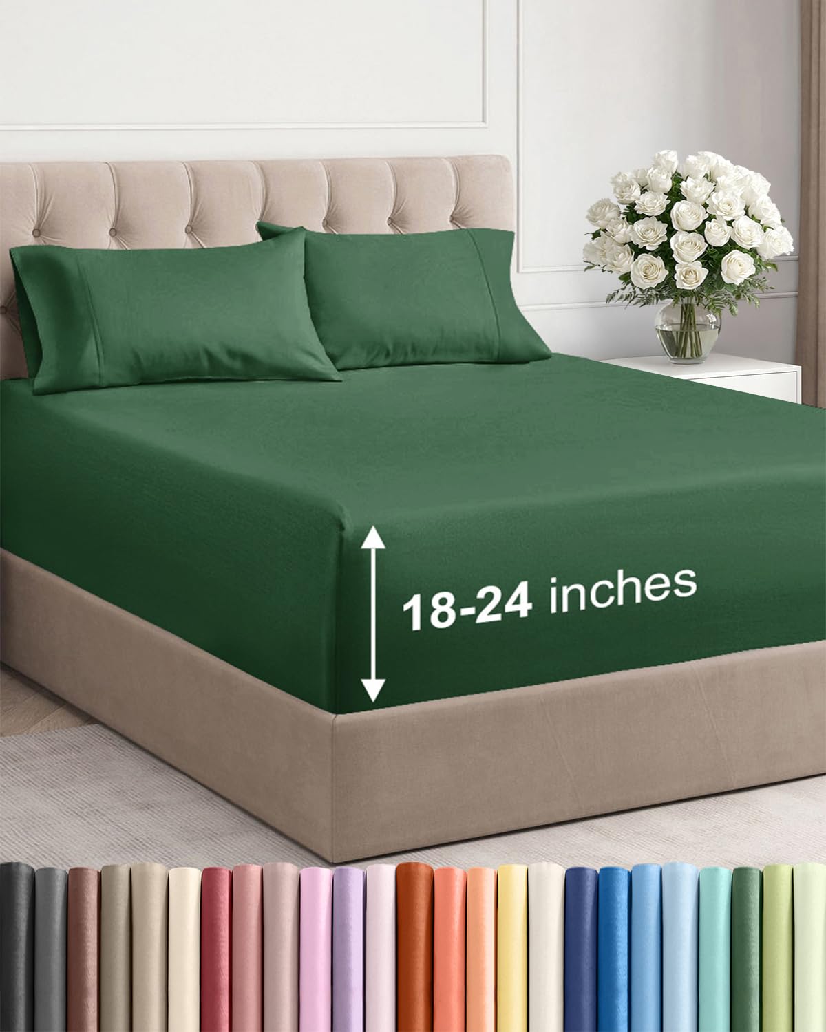 CGK Unlimited extra-deep queen flat sheet on a bed provides smooth coverage for thick mattresses.