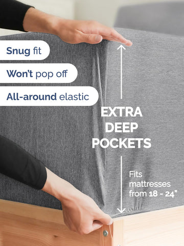 CGK Unlimited bedding in a bedroom scene demonstrates deep-pocket fit on a tall mattress