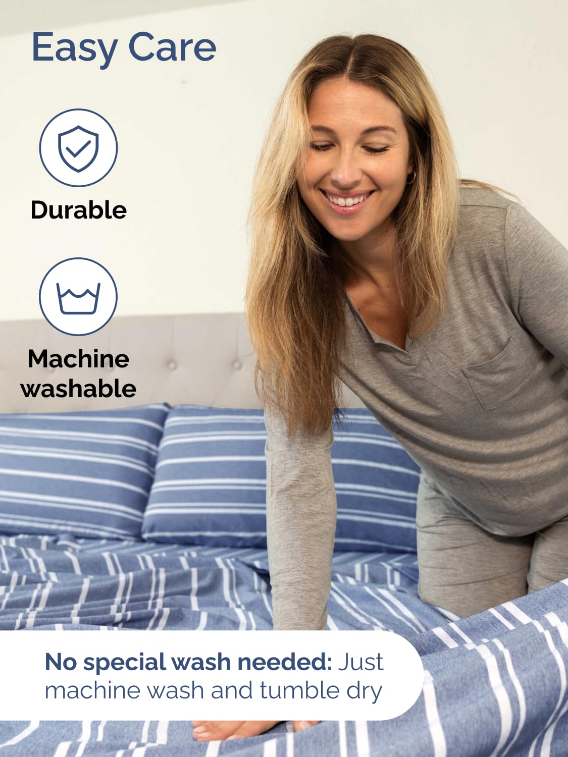 CGK Unlimited blue striped set on bed demonstrates hotel-level style