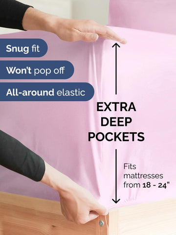 CGK Unlimited extra-deep queen sheets flat sheet draped over bed for full coverage.