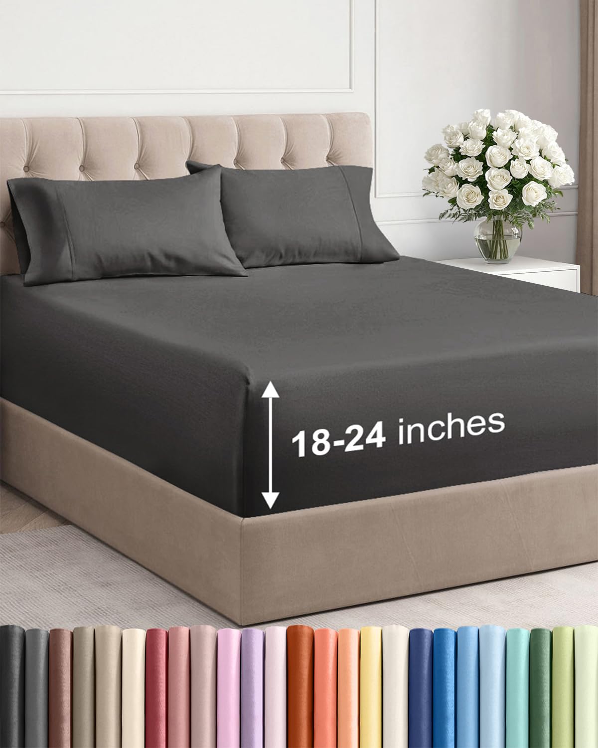 CGK Unlimited extra deep queen sheet set front view in charcoal provides full coverage for thick mattresses