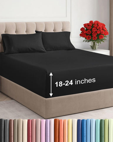 CGK Unlimited Extra Deep Queen Sheet Set full-assembly shows secure fit on deep mattresses