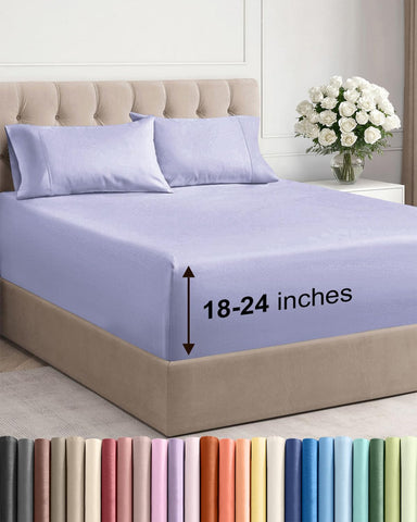 CGK Unlimited extra deep queen sheet set shown on bed with secure deep-pocket fit