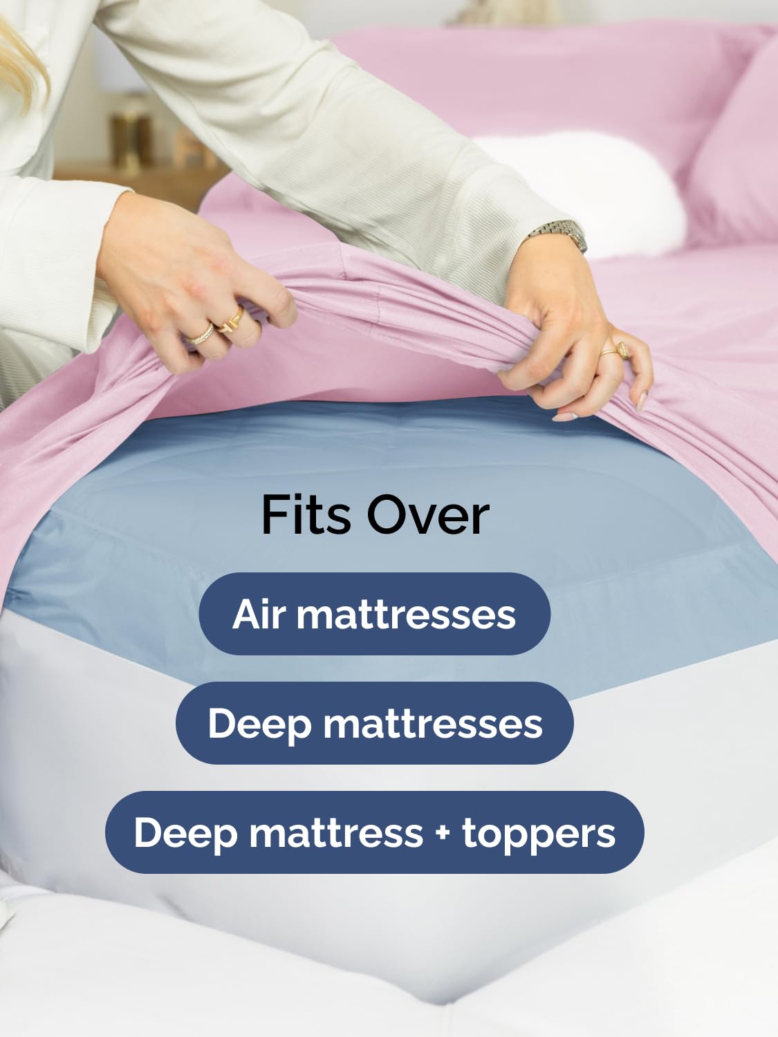 CGK Unlimited sheet set with toppers fits memory foam tops smoothly.