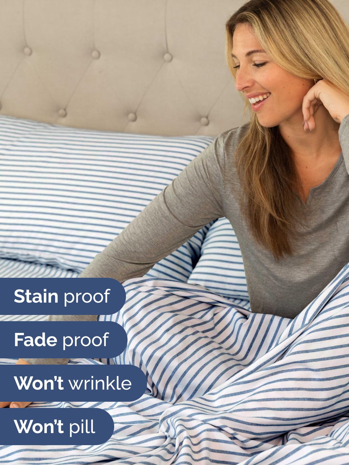 CGK Unlimited blue stripes top-view highlights breathable microfiber softness for nightly comfort