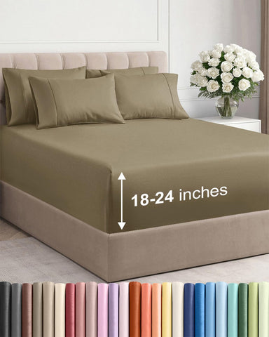 CGK Unlimited extra deep queen sheets with fitted design and secure elastic for tall mattresses.