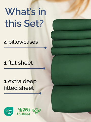 CGK Unlimited emerald green extra deep queen sheets on bed for a snug fit
