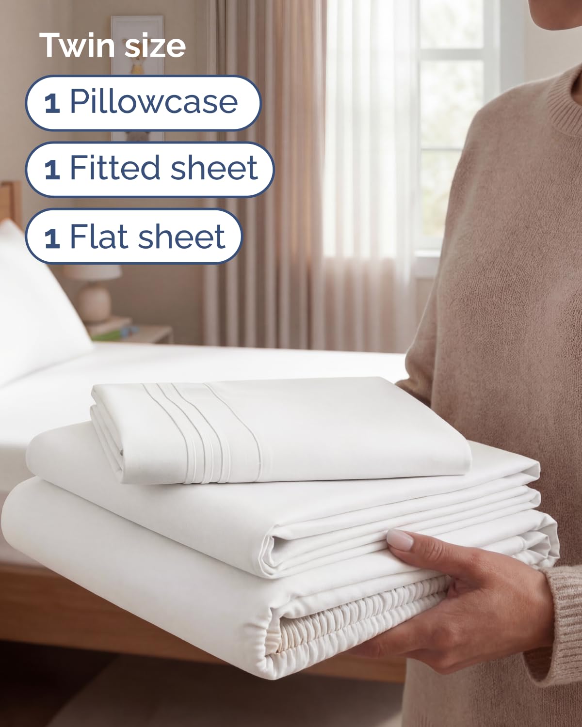 CGK Unlimited fitted sheet edge demonstrates 16 inch deep pocket for universal fit
