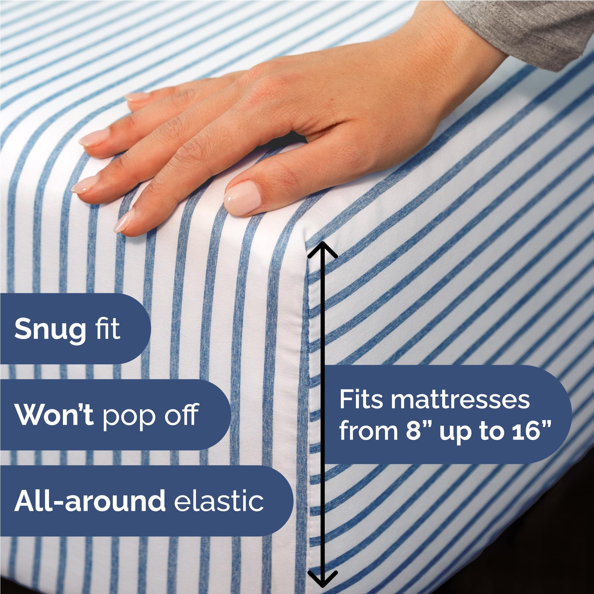 CGK Unlimited flat sheet blue stripes closeup highlighting generous size and softness