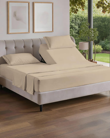 CGK Unlimited flex top split head king flat sheet close-up, soft and breathable feel