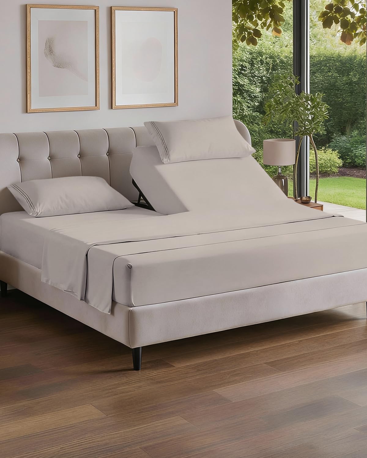 CGK Unlimited Flex Top Split Head King sheet set on bed shows luxurious softness and cooling fabric.