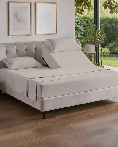 CGK Unlimited Flex Top Split Head King sheet set on bed shows luxurious softness and cooling fabric.