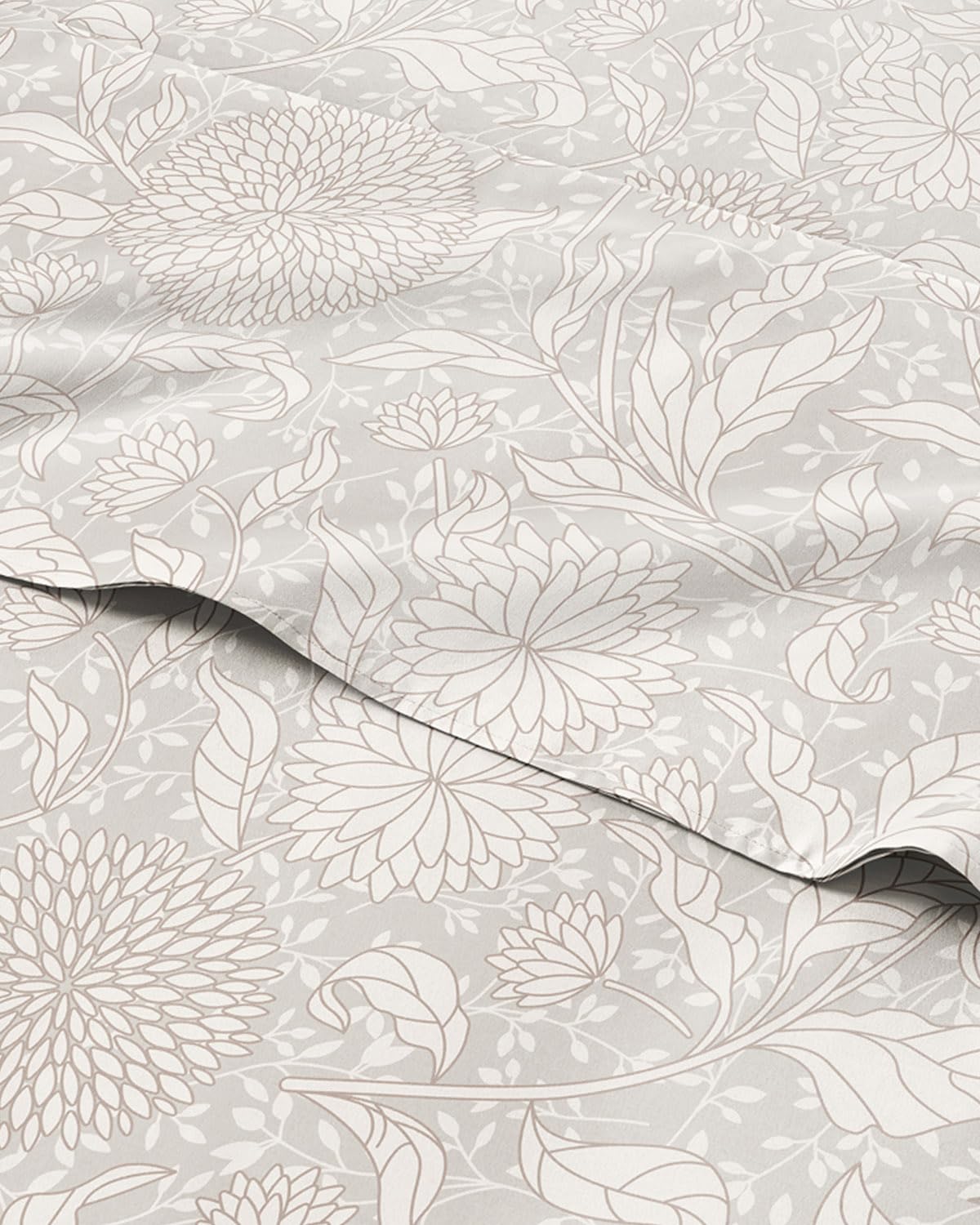 CGK Unlimited floral-sheets beige pattern closeup showing botanical details.