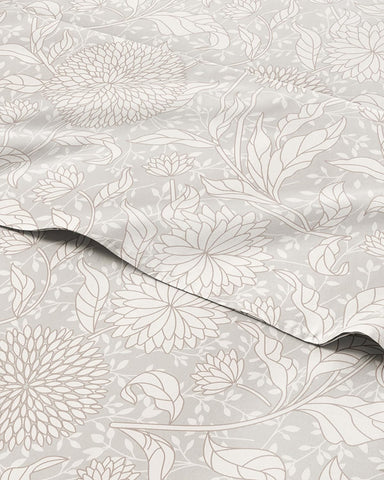 CGK Unlimited floral-sheets beige pattern closeup showing botanical details.