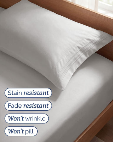 CGK Unlimited French Grey bedding texture close-up emphasizes breathable fabric.