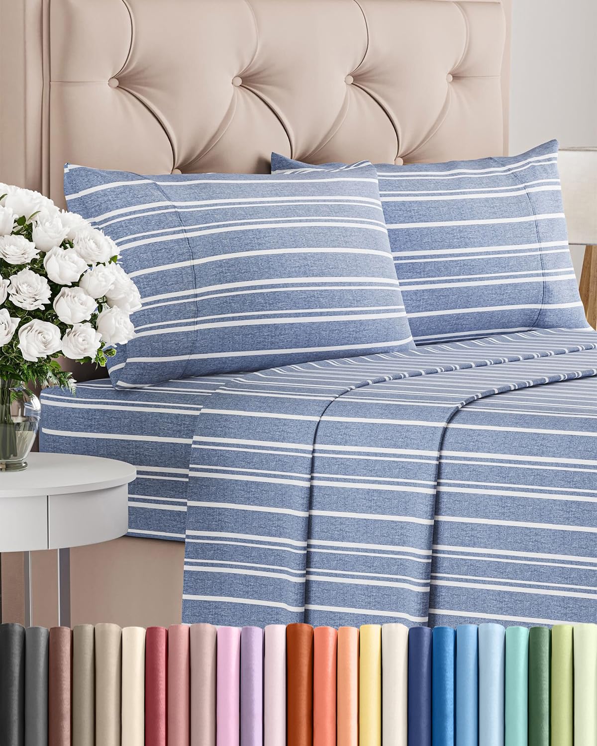 CGK Unlimited full-size blue-stripes sheet set for a hotel-style bed.