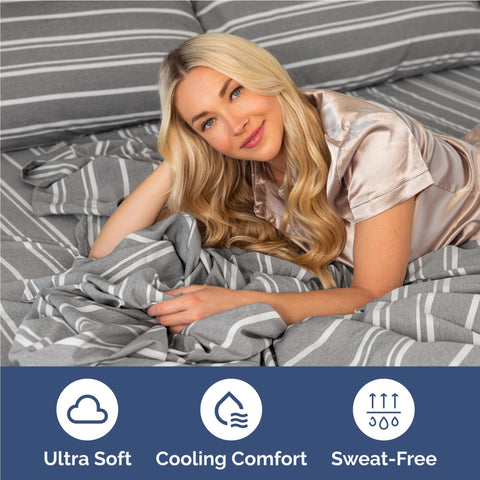 CGK Unlimited sheet set in grey stripes adds hotel-style decor to any bedroom.