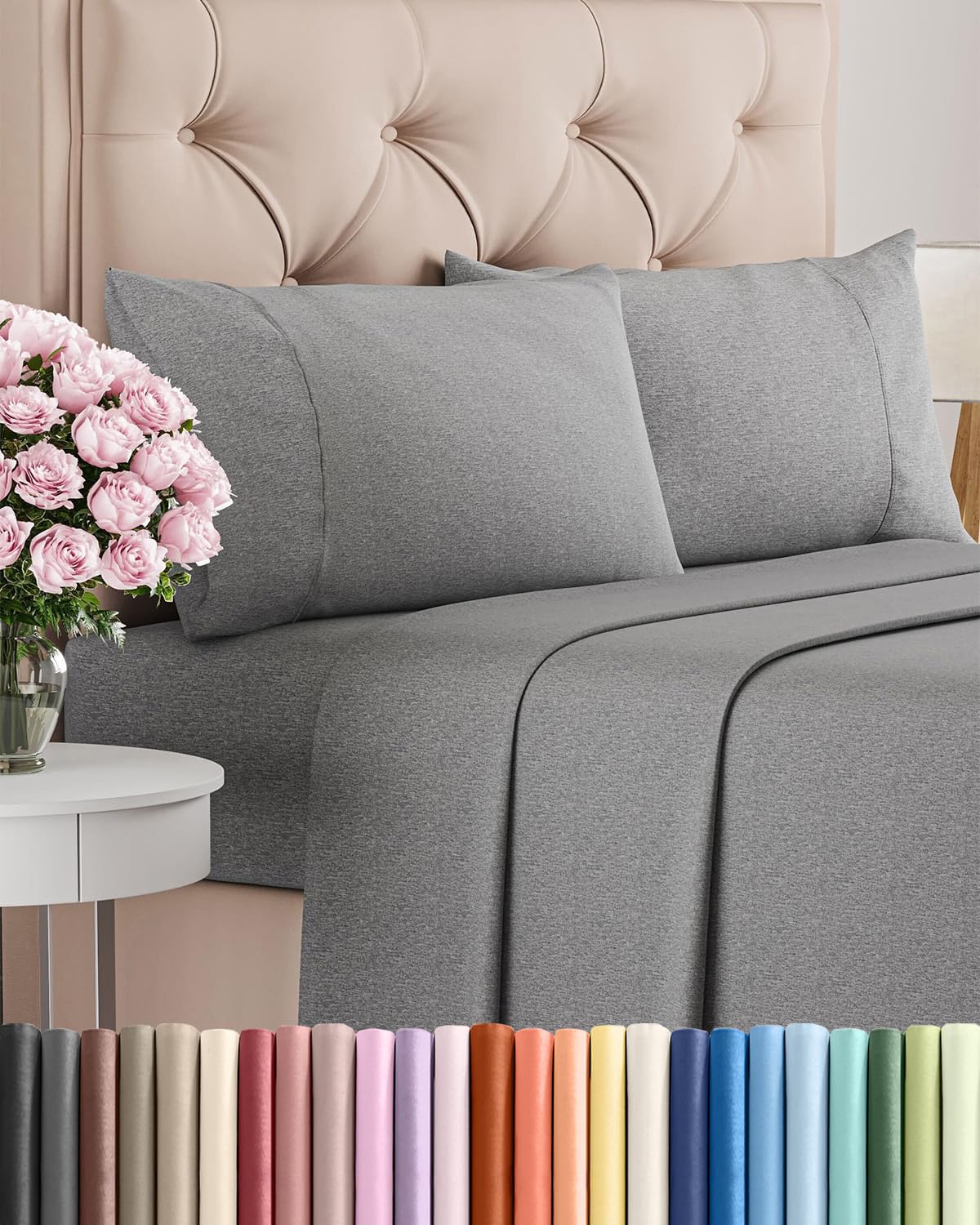 CGK Unlimited full-size sheet set in heathered grey flat sheet showing breathable comfort.