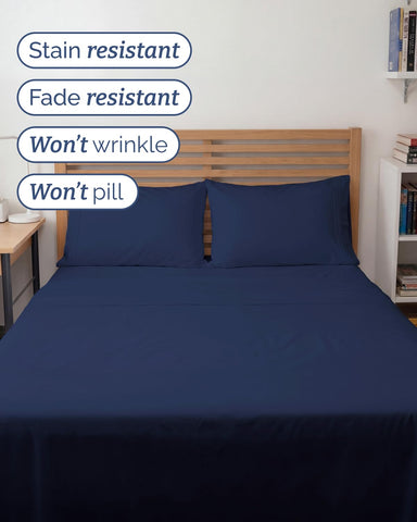 CGK Unlimited Full XL sheets on a dorm room bed for space-saving style