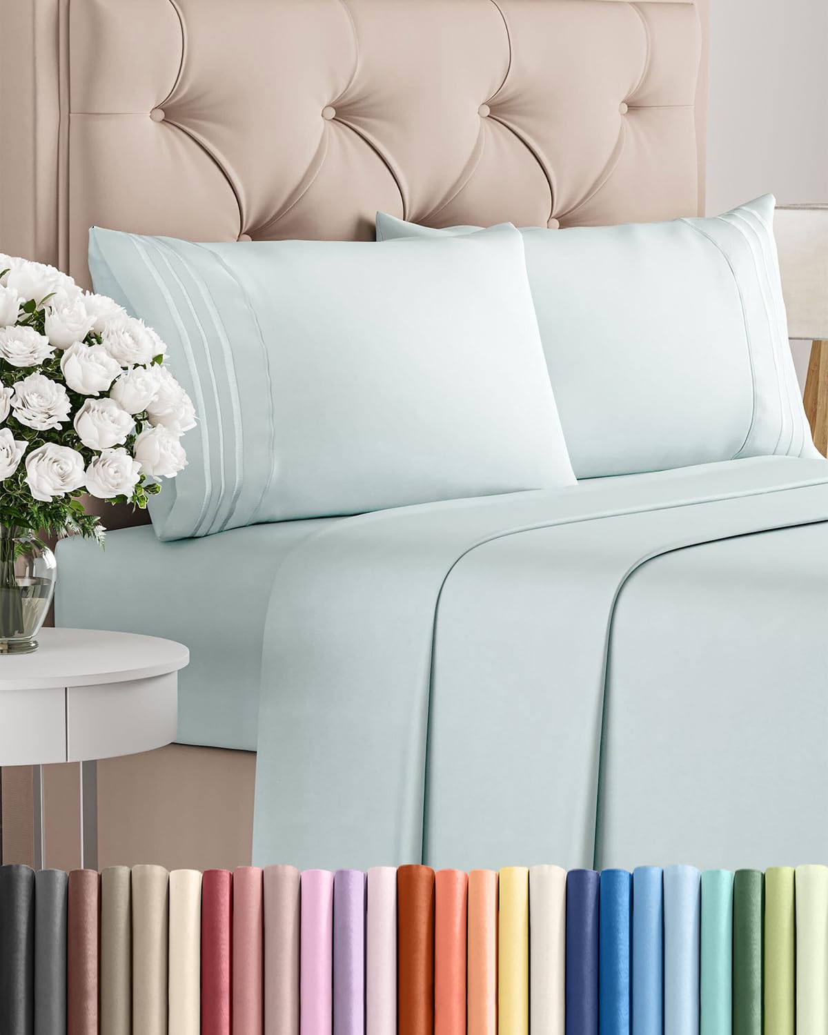 CGK Unlimited ice blue flat sheet laid out for a luxurious sleep