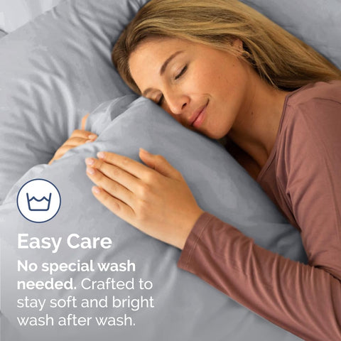 Stain and fade resistant king pillow cases keep color in steel blue.