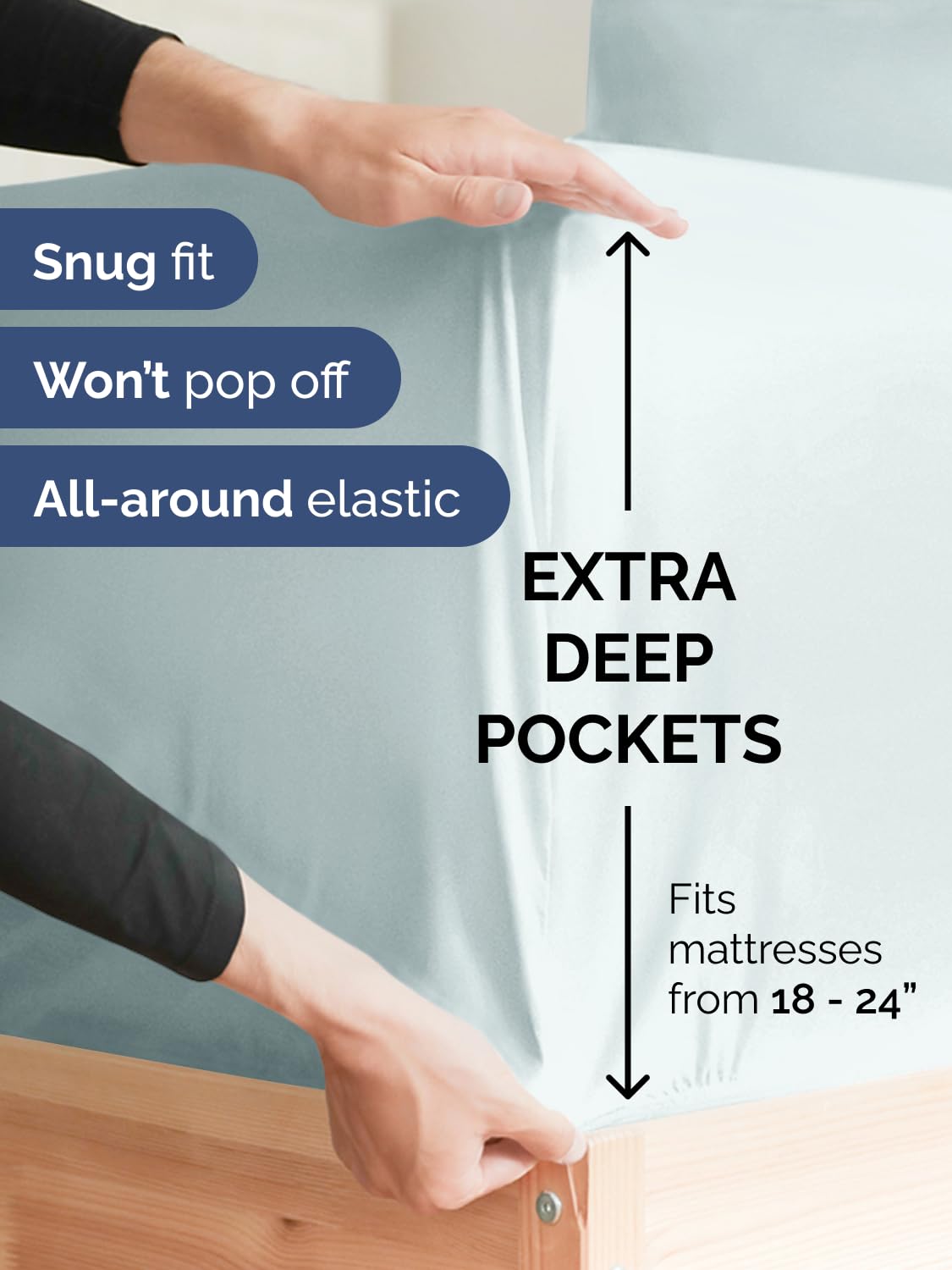 CGK Unlimited ice blue king sheet with elastic edges staying in place.