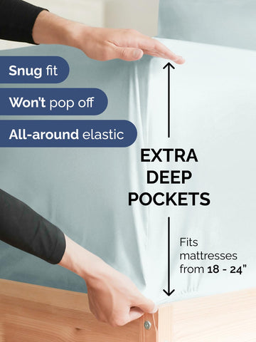 CGK Unlimited ice blue king sheet with elastic edges staying in place.