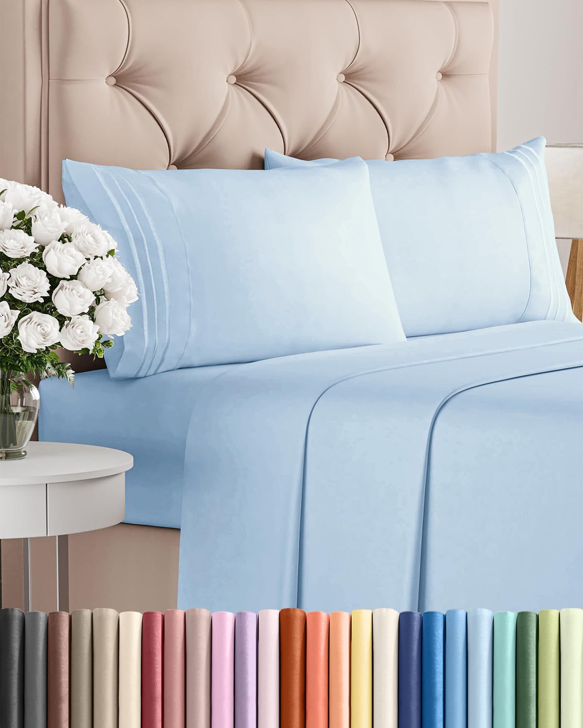 CGK Unlimited king size 4-piece set folded on bed, showing silky microfiber texture for cooling comfort