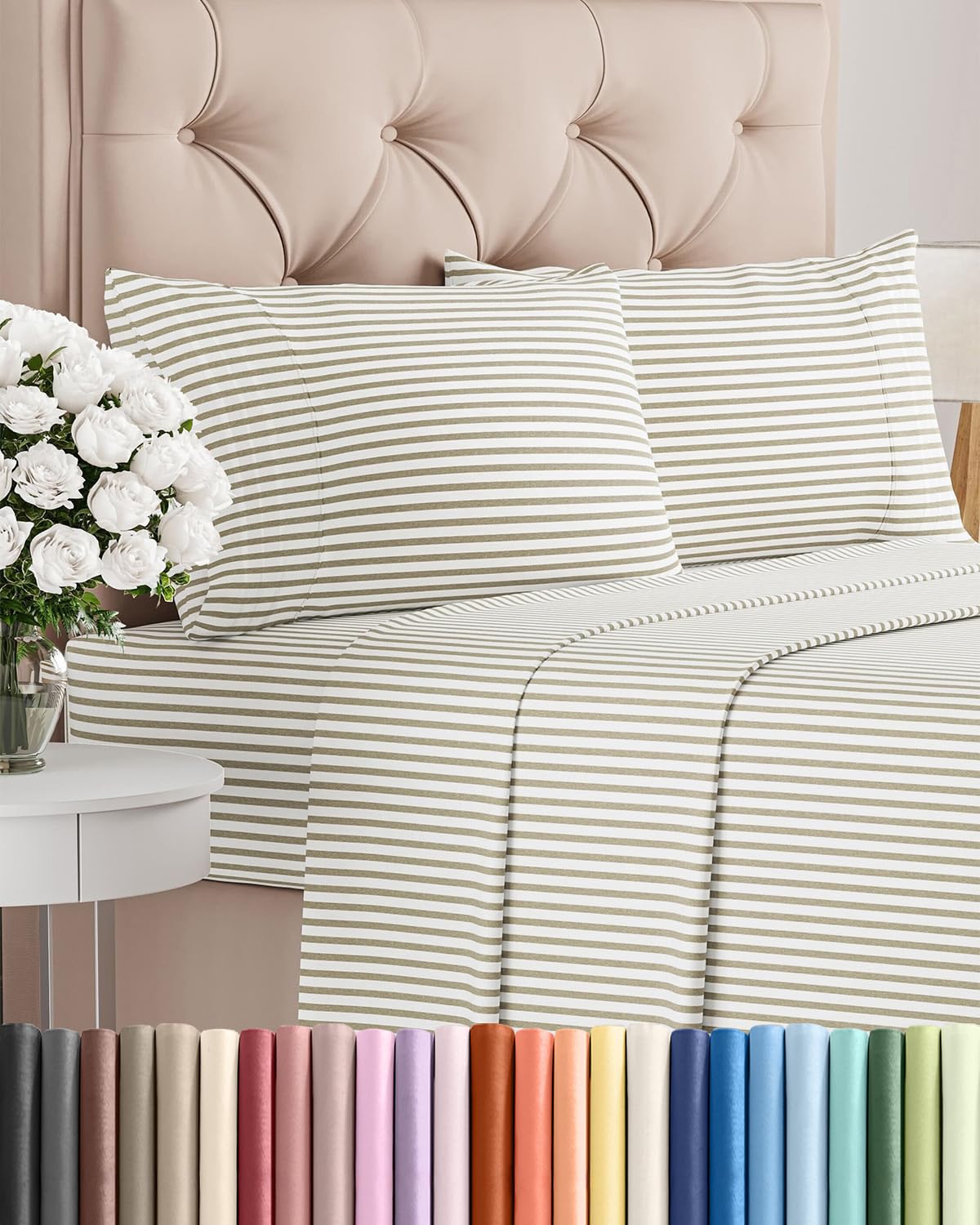 CGK Unlimited King Size Sheets beige stripes pack shot highlighting luxurious softness