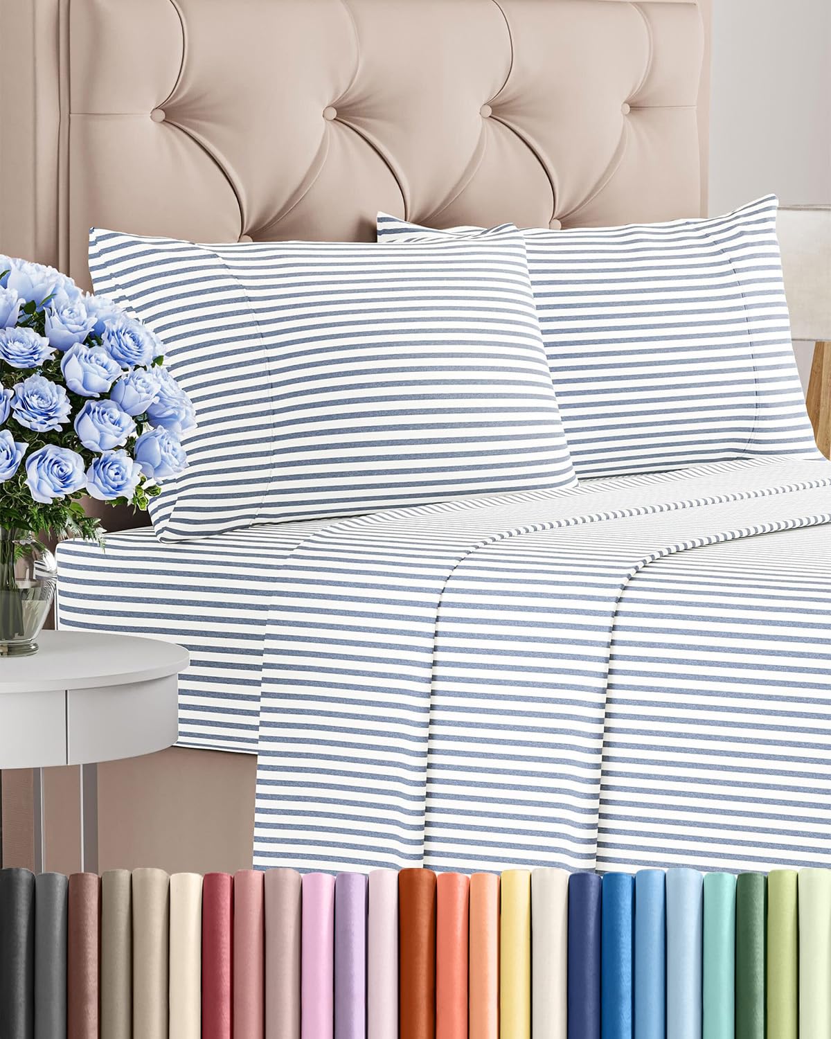 CGK Unlimited king-size sheet set with blue stripes flat sheet displayed for easy bed setup.