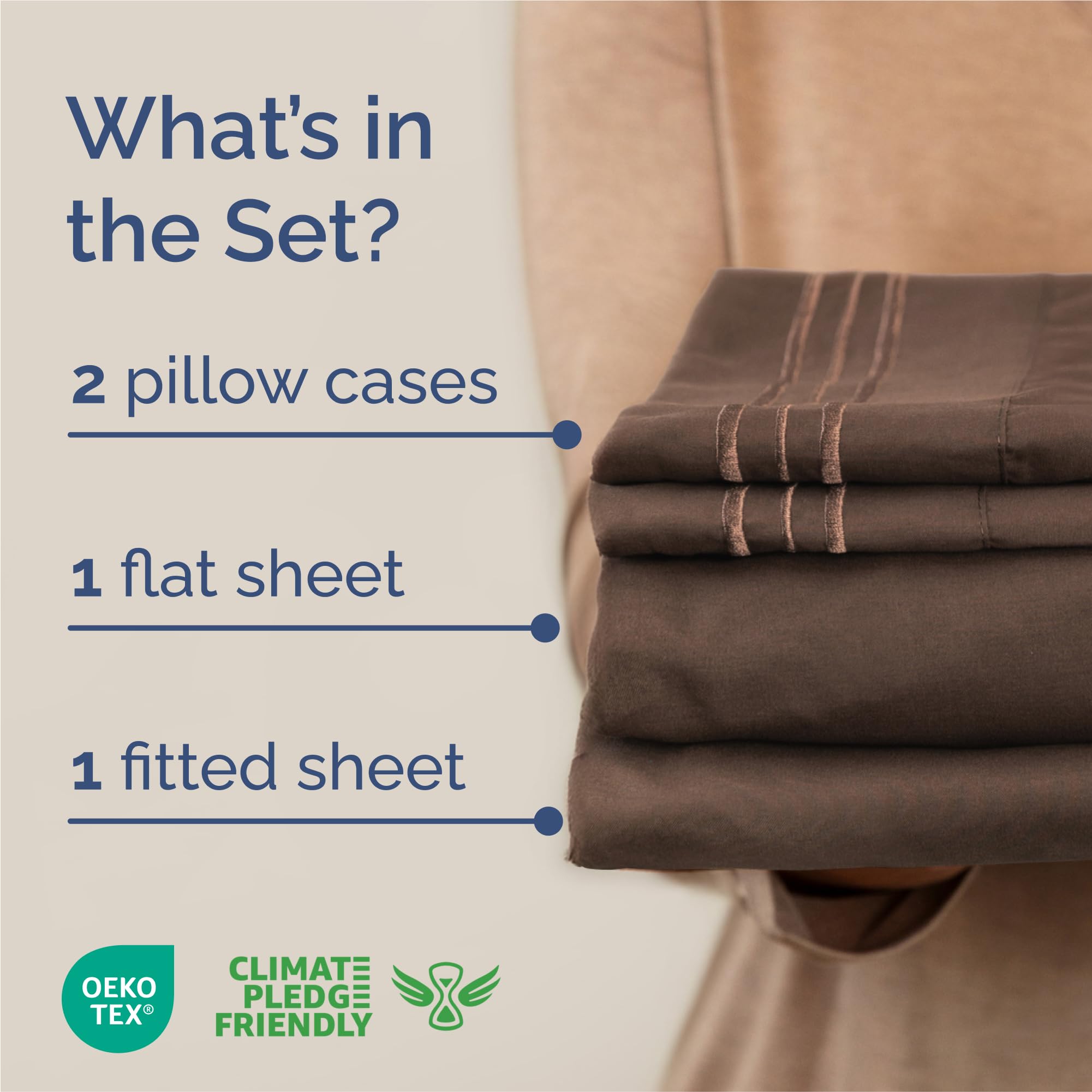 CGK Unlimited brown fitted sheet showcases deep pockets for secure, easy mattress fit.