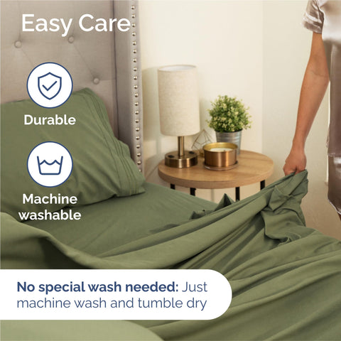 Cozy sage green CGK Unlimited bedroom scene suggesting hotel luxury and comfort