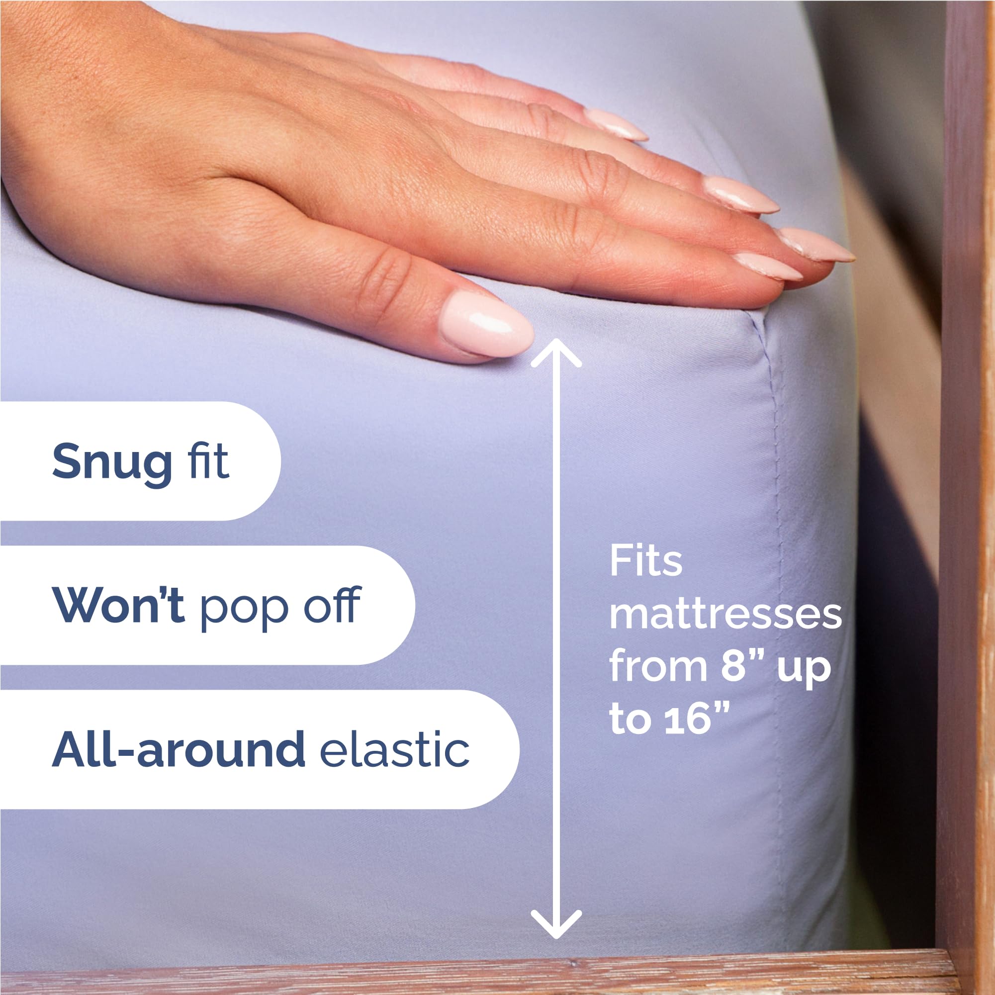 CGK Unlimited lavender fitted sheet on mattress with deep pockets.