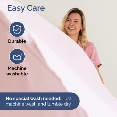 Wrinkle-free finish hints at easy care for a tidy bed.