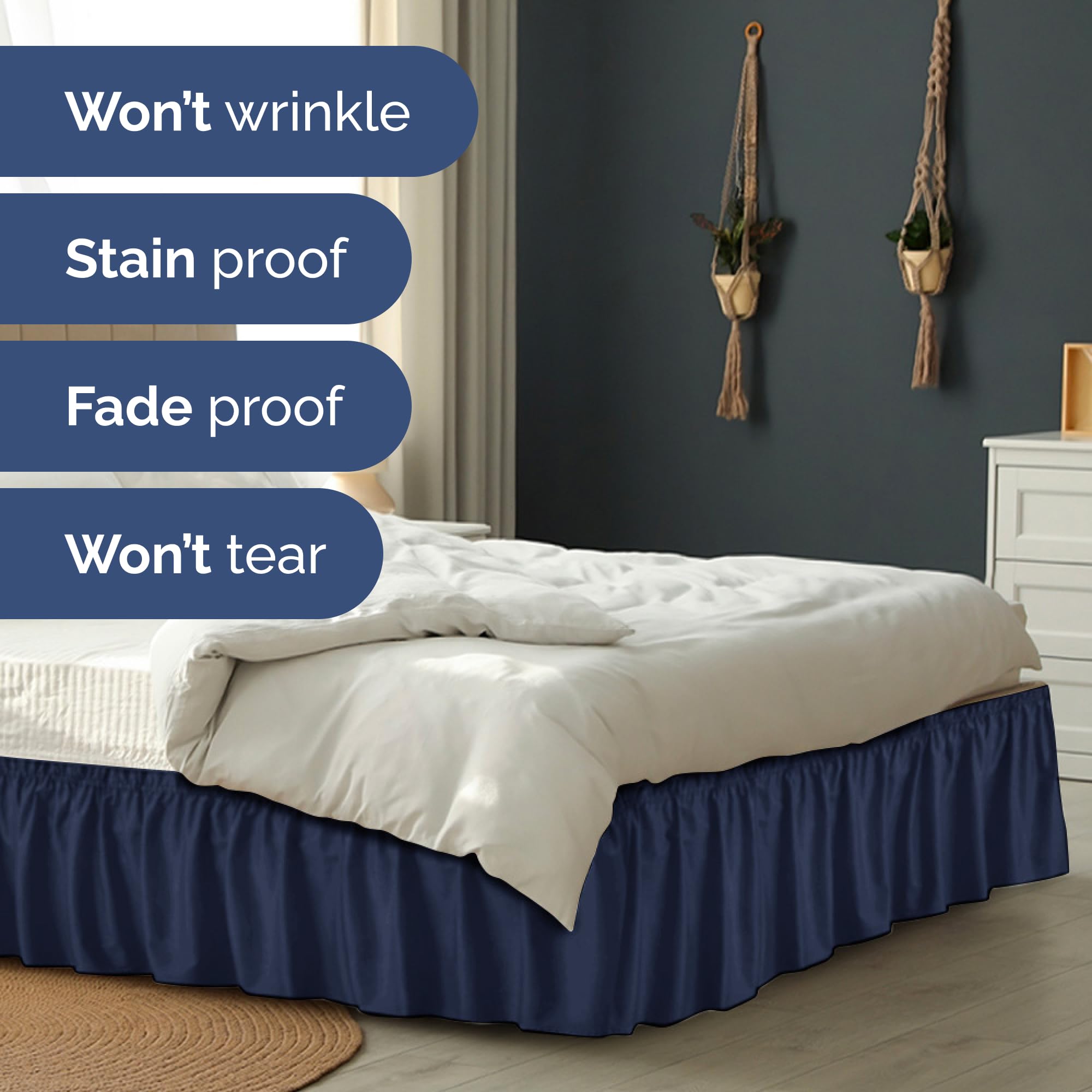 CGK Unlimited machine washable bed skirt navy, simplifies cleaning after spills.