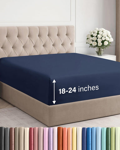 CGK Unlimited navy blue extra deep pocket cal king fitted sheet on bed for secure fit